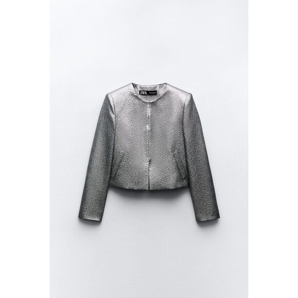 Zara Metallic Silver Textured Coated Round Neck Cropped Jacket Blazer (NWT) - Picture 1 of 5